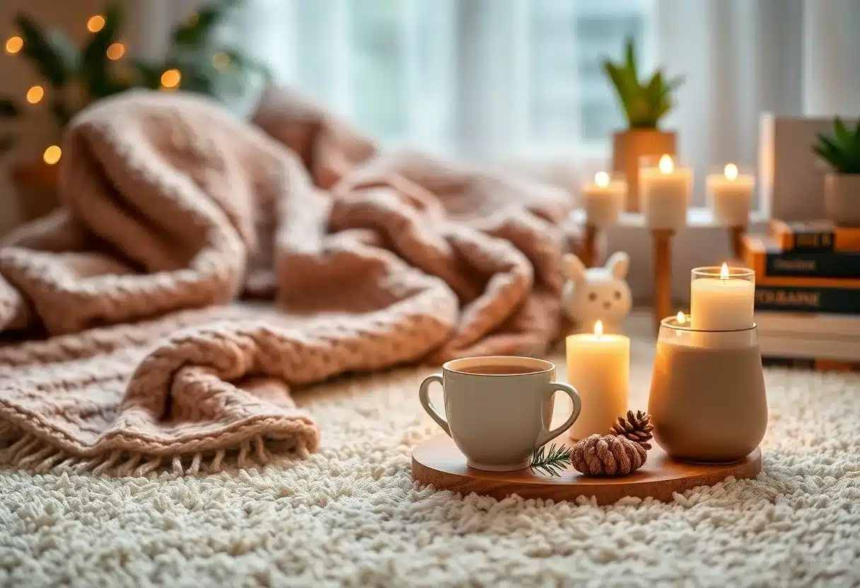 a cup of coffee and candles on a rug